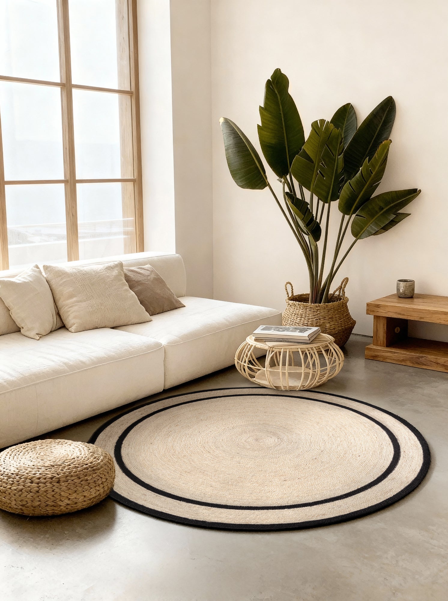 FLÄTAD JUTEMATTA LINA RUND, NATURLIG-ELFENBEN-SVART